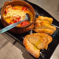 Bougiordi (tomato, vegan cheese) and bread at Tarantula in Thessaloniki