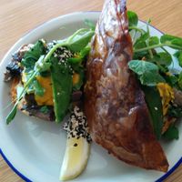 Mushroom Benefict with rice-paper bacon at Flora by Greenhouse Canteen in West End