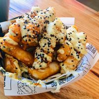 These are so trippy but they grow on you & now I am a fan! Rice ‘cakes’, (tubes) with lemon, sesame & mayo. Nothing like anything I have ever tasted before, ever! So unusual!  at Harpoon Social Club in Bendigo