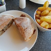 vegan sausage sarnie and chips at Dean's Garden Centre in York
