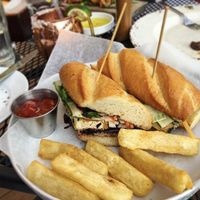 vegan bahn mi with yucca fries (yucca fries ordered without ranch seasoning makes them vegan!) at The Foundry Kitchen and Tavern in Sandy Hook