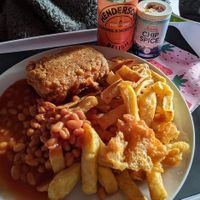 'Vish' (vegan fish) with chips and beans at Leon's in Clay Cross
