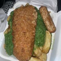 Vish, chips, mushy peas and plain sausage  at Leon's in Clay Cross
