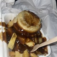 Chicken pie, chips and gravy  at Leon's in Clay Cross