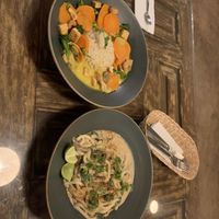 Yellow Thai curry and creamy miso noodles  at Kula in Pisac