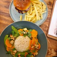 Beyond Burger (not sure if brioche?) and Thai yellow curry  at Kula in Pisac