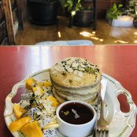 Flaxseed pancakes with tender syrup  at Asa Vegan Kitchen and Studio in Chiang Mai