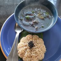 Pea butterfly flower curry with coconut meat and brown rice at Asa Vegan Kitchen and Studio in Chiang Mai