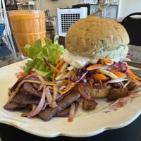 BBQ Mushroom Burger with Iced Thai Mylk Tea  at Asa Vegan Kitchen and Studio in Chiang Mai