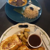 Massaman curry, and French toast w caramelised apple.   at Asa Vegan Kitchen and Studio in Chiang Mai