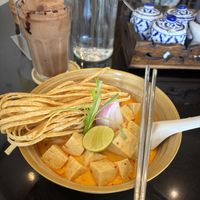 Khao soi and banana cacao smoothie  at Asa Vegan Kitchen and Studio in Chiang Mai