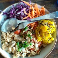 Young jackfruit with pumpkin puree, veggies and brown rice, soooooo good! at Asa Vegan Kitchen and Studio in Chiang Mai