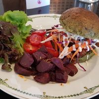 Mushroom burger with purple sweet potatoes. at Asa Vegan Kitchen and Studio in Chiang Mai