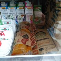 Seitan and some vegan milk in the back at Planteea - Drumul Taberei in Bucharest