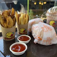 Burgers, fries/wedges and milkshake (half drank)  #Veganuary at Munchies Tha Phae Gate in Chiang Mai