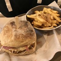 Vegan burger and skinny fries  at Rise in Bridport