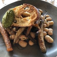 Butter beans and roasted carrots with sourdough “croutons”...maybe more like “crouton" at Rise in Bridport