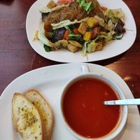 Tomato soup and noddles with tofu and vegetables at Mangrove in Krabi