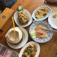Coconut smoothie (they don’t put dairy), mango salad (no fish sauce) pineapple fried rice tofu, coconut vermicelli noodles, and tamarind tofu  at Mangrove in Krabi