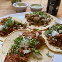 4 different tacos (pastor, chorizo, chicharron and carnitas)  at Gold Taco - Roma Norte in Mexico City