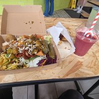 The Vegan mezze & Berry burst smoothie. at Falafel Corner in Cardiff