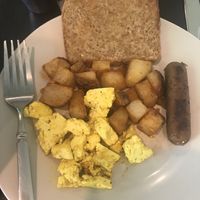 Mini Breakfast Plate: tofu eggs, potatoes, v.sausage, sprouted toast and strawberry jam at Honey B's in Frankenmuth