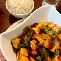 Mapo tofu with ricee  at Oryza in Iowa City