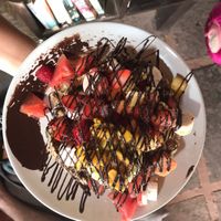 Vegan waffles with fruit salad and Hershey’s chocolate spread  at HOOPS in Mandrem