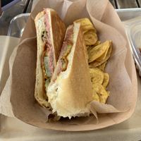 Cuban sandwich with plantain chips  at Vegan Cuban Cuisine in Miami