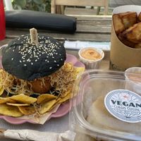 Boñato fries! with the sauce! YUMMMM croqueta sándwich   at Vegan Cuban Cuisine in Miami