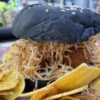 Close up of Halloween edition croqueta sándwich!   at Vegan Cuban Cuisine in Miami