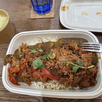 Vegan Pulled Pork (Chunk Foods) bowl w/ lentils, brown rice, and mojo Yuca. at Vegan Cuban Cuisine in Miami