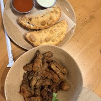 Empanadas and fried mushrooms  at Vegan Cuban Cuisine in Miami