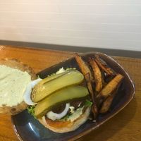 Veggie burger with pickles and chunky fries!  at Ohana in Koh Phi Phi