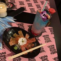 Vegan sashimi and the tipsy unicorn cocktail  at Vegan Junk Food Bar - Downtown in Amsterdam