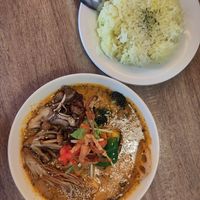 Coconut vegan vegetable curry with extra mushrooms and pumpkin + medium rice at Beyond Age Soup Curry in Sapporo