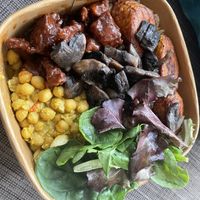 Jerk seitan mushrooms plantain and mac and cheese  at VSource in Herne Hill