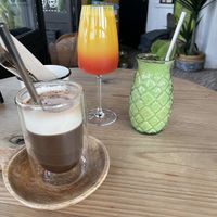 Vegan mocha, mimosa with fresh squeezed OJ, and a vegan smoothie  at Jay's Brunch Caffe in Parede