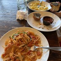 Angel hair, garlic bread, and a special pasta for my kid!  at Julie Goes Green in Los Angeles
