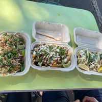 Thai tacos, loaded teriyaki fries and “fish” tacos at Earth Aloha Eats - Waikiki in Honolulu