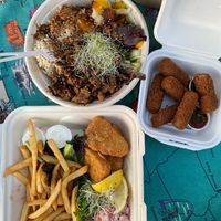 Bowl, mozzarella sticks, and fish/chips at Earth Aloha Eats - Waikiki in Honolulu