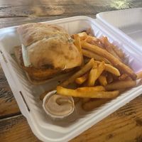 Chick’n burger - note you have to order fries separately   at Earth Aloha Eats - Waikiki in Honolulu