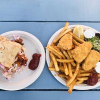 Pulled pork sandwich & fish and chips at Earth Aloha Eats - Waikiki in Honolulu