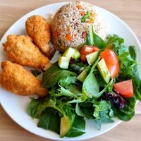 Mushroom drumsticks and amazing fried rice! at Just Vegan in Sunshine