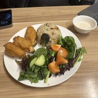 Mushroom drumsticks and fried rice    at Just Vegan in Sunshine