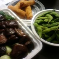 Bok Choy Topped w Mushroom, Edamame Beans (no salt), Shanghai Spring Rolls. Last item not clearly vegan and were fried type of spring roll. July 2021. at Super Bowl Cuisine in Kingston