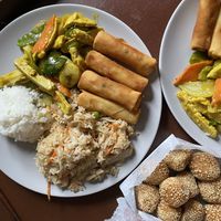 Sesame balls, chick’n fried rice, white rice, chick’n curry, and spring rolls  #Veganuary at Super Bowl Cuisine in Kingston