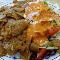 Schawarma (seitan) plate with rice and salad at Selam Helal in Dusseldorf