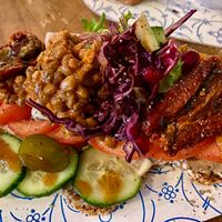 Open-faced lentil pesto sandwich at Marny's in Dusseldorf