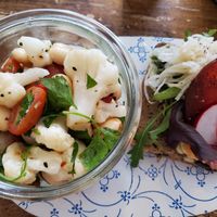 Cauliflower & Large Bean Salad
Hummus Avo Toast with Beets (note there is also some Beet looking second hummus on there) topped with a bit marinated cabbage
 at Marny's in Dusseldorf